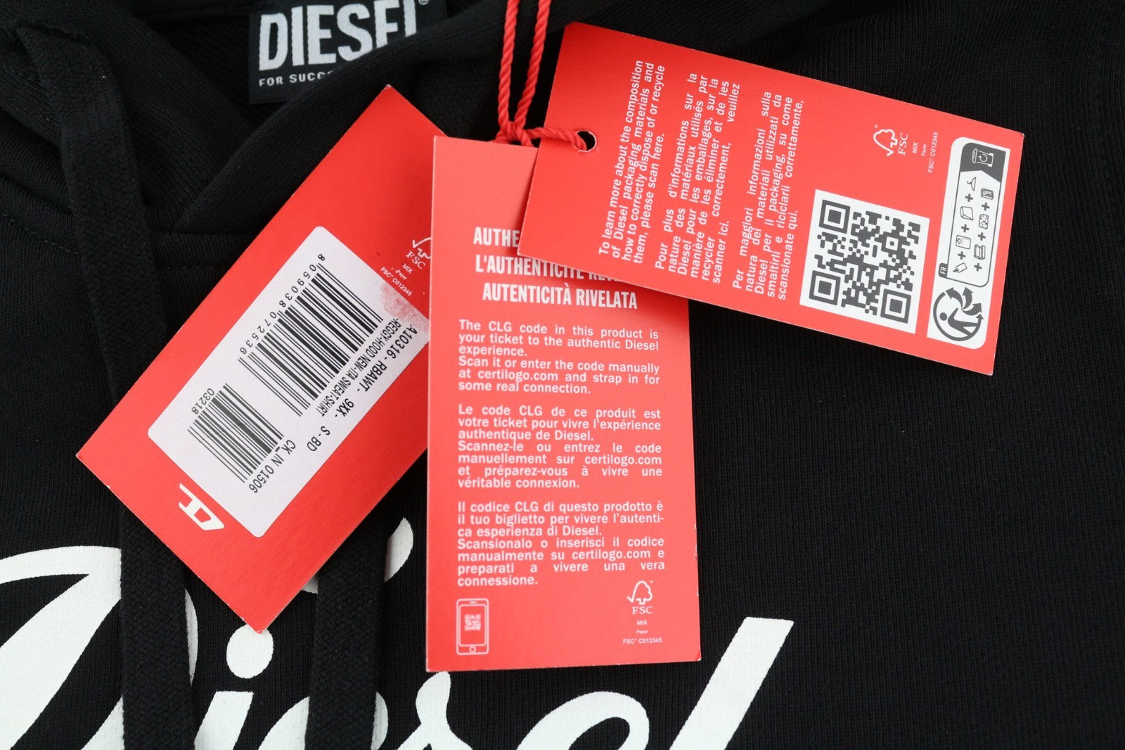 DIESEL F-Reggy-Hood Women Hoodie S Black Pullover Logo Straps Long Sleeve RRP175