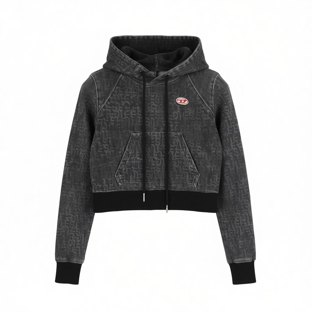 DIESEL D-Angy-Hood Women Hoodie S Grey Washed Cropped Pullover Kangaroo RRP300