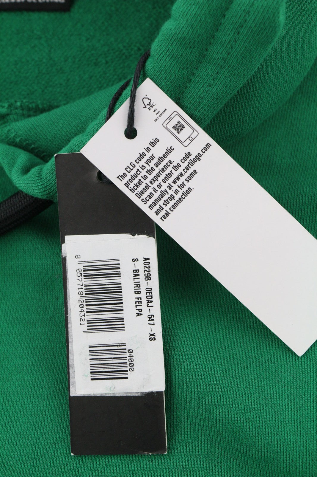 DIESEL S-Balirib Men Hoodie XS Green Pullover Kangaroo Straps Long Sleeve RRP175