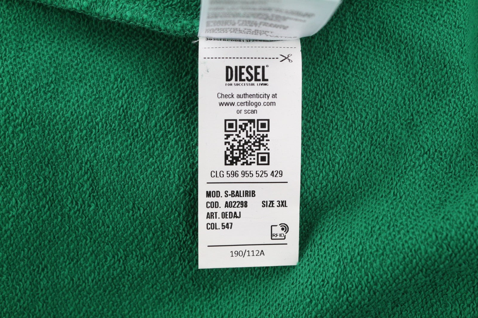DIESEL S-Balirib Men Hoodie 3XL Green Pullover Kangaroo Strap Long Sleeve RRP175