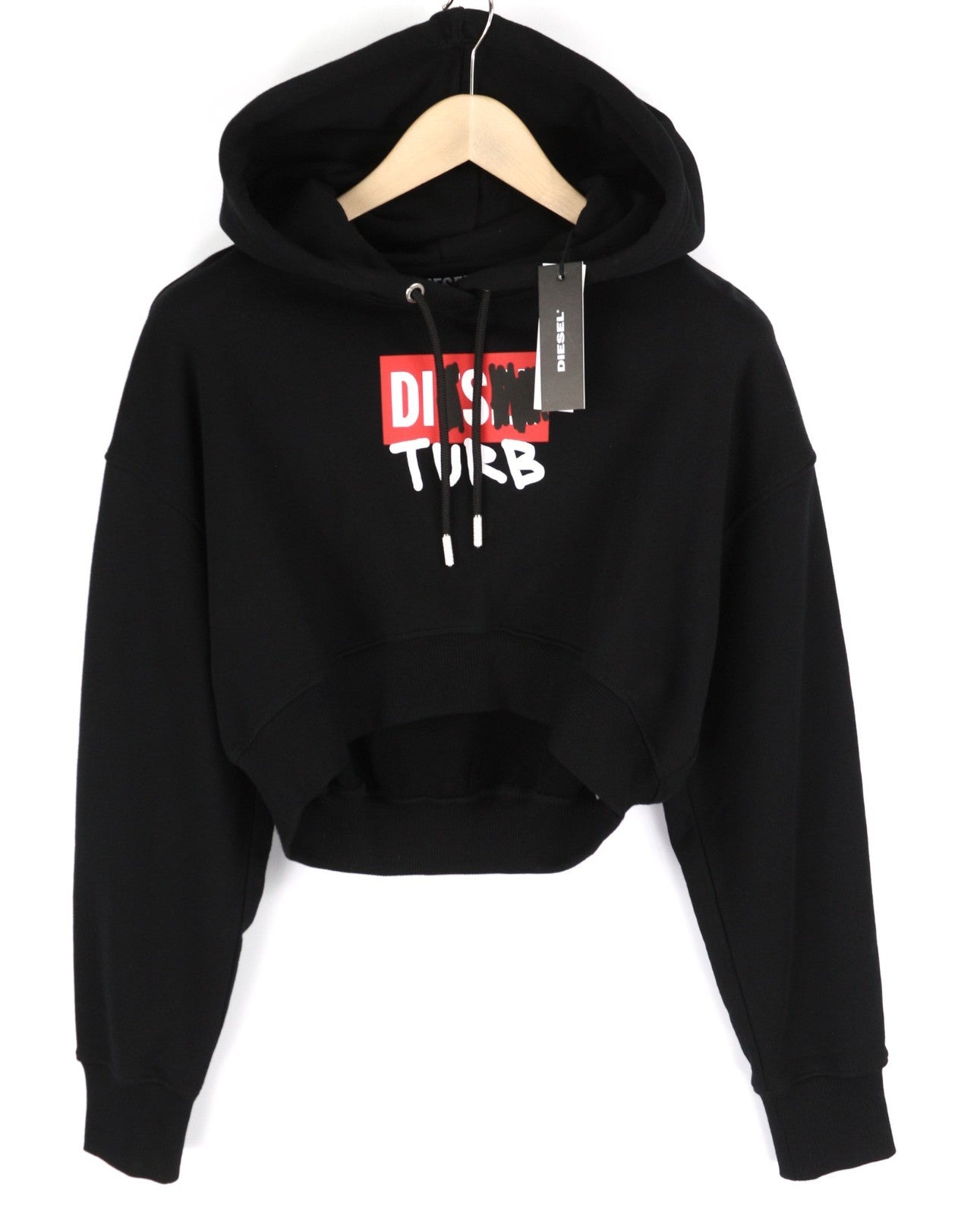 DIESEL F-Kral-B1 Women Hoodie S Black Cropped Pullover Logo Straps Hood
