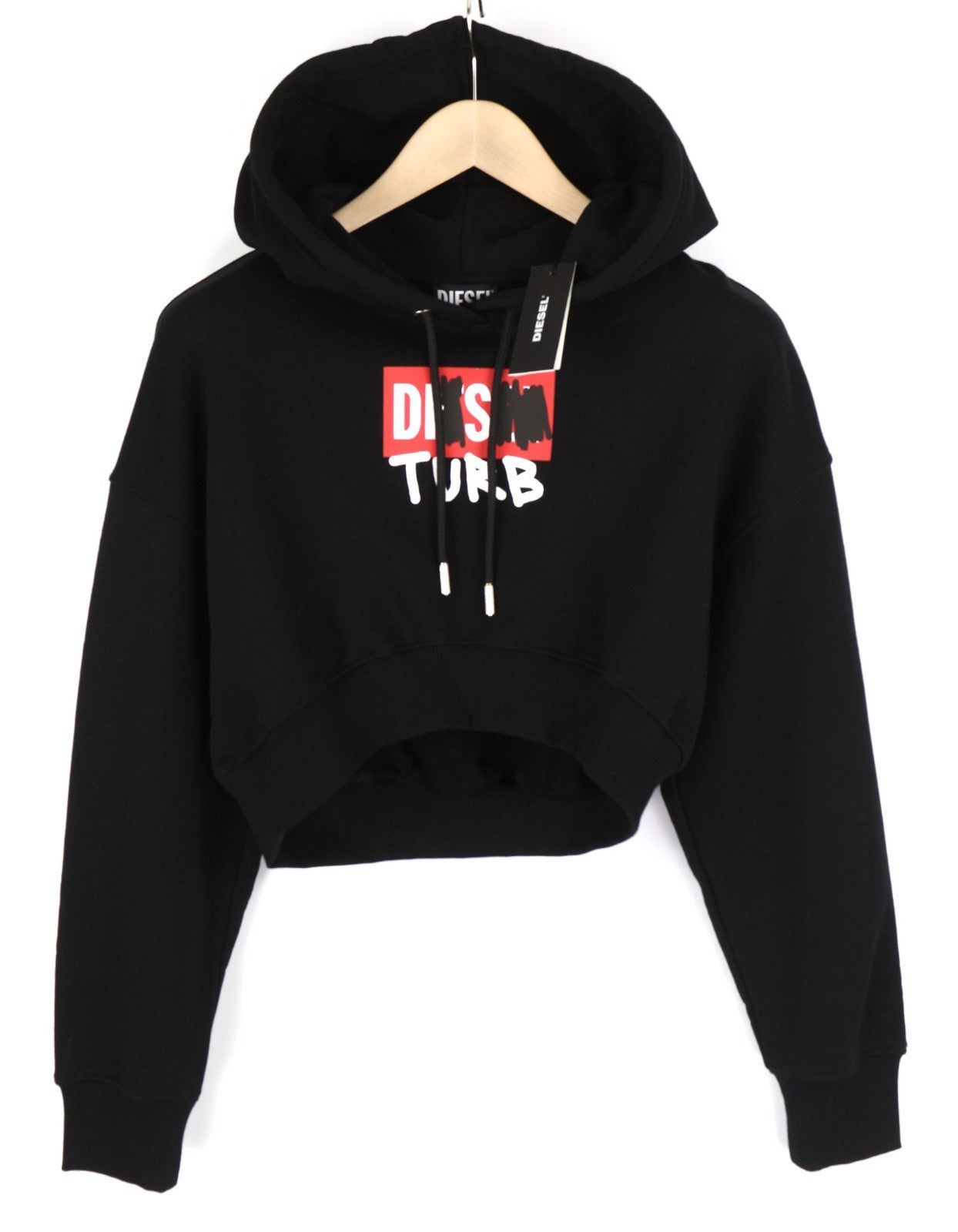 DIESEL F-Kral-B1 Women Hoodie S Black Cropped Pullover Logo Strap Hood