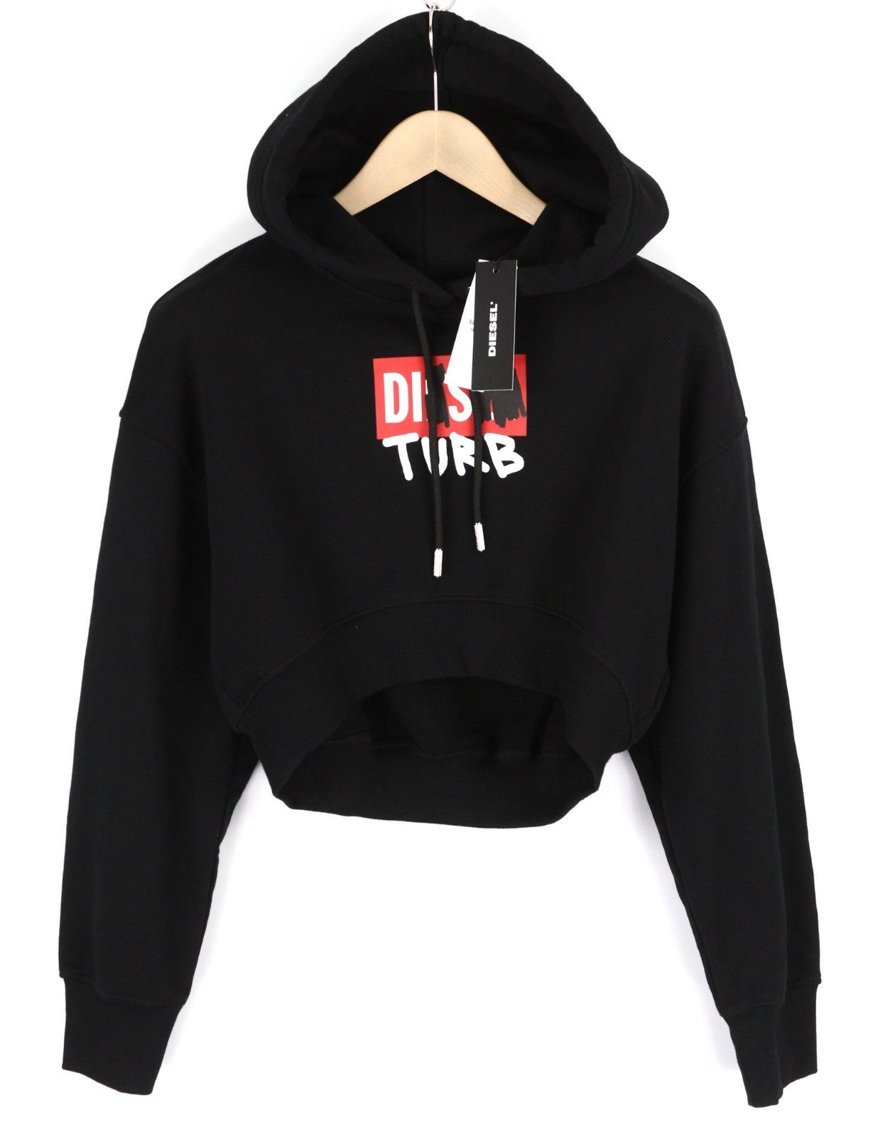 DIESEL F-Kral-B1 Women Hoodie S Black Cropped Pullover Logo Long Sleeve