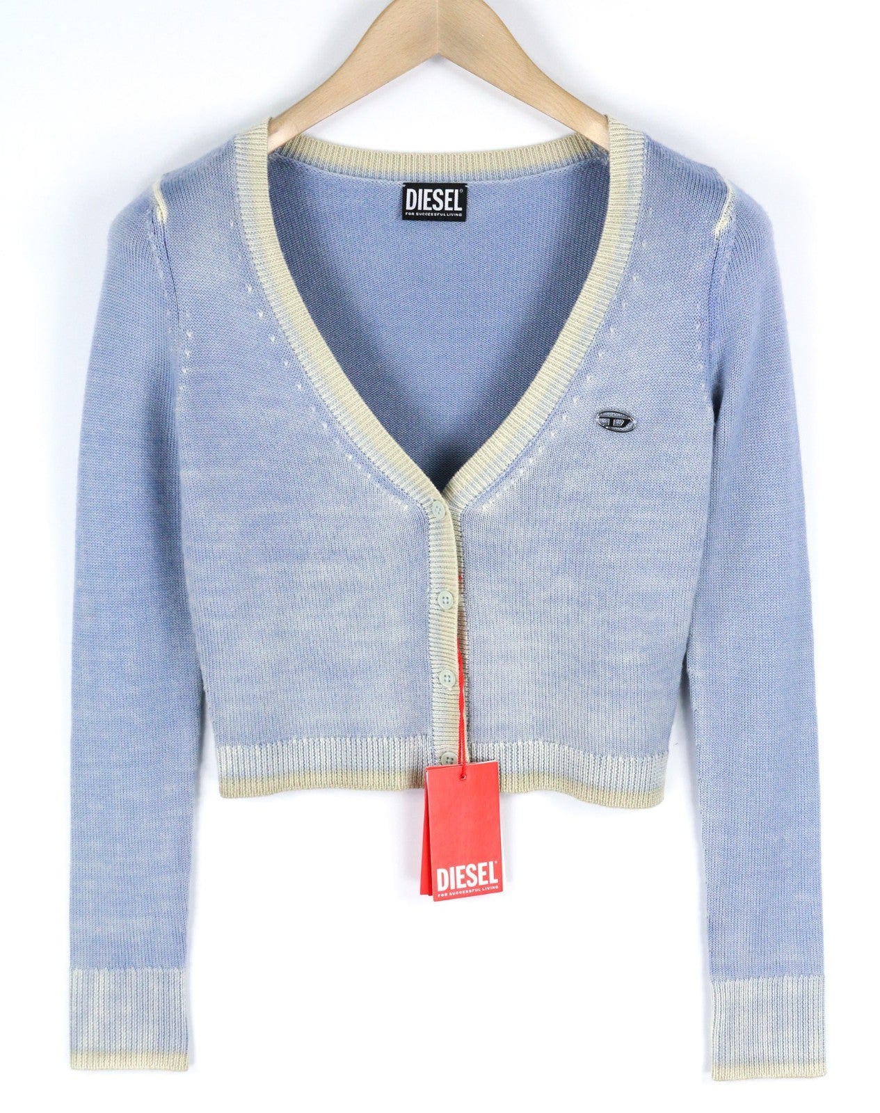 DIESEL M-Arika Women Jumper M Light Blue Washed Wool Knit Cardigan RRP300