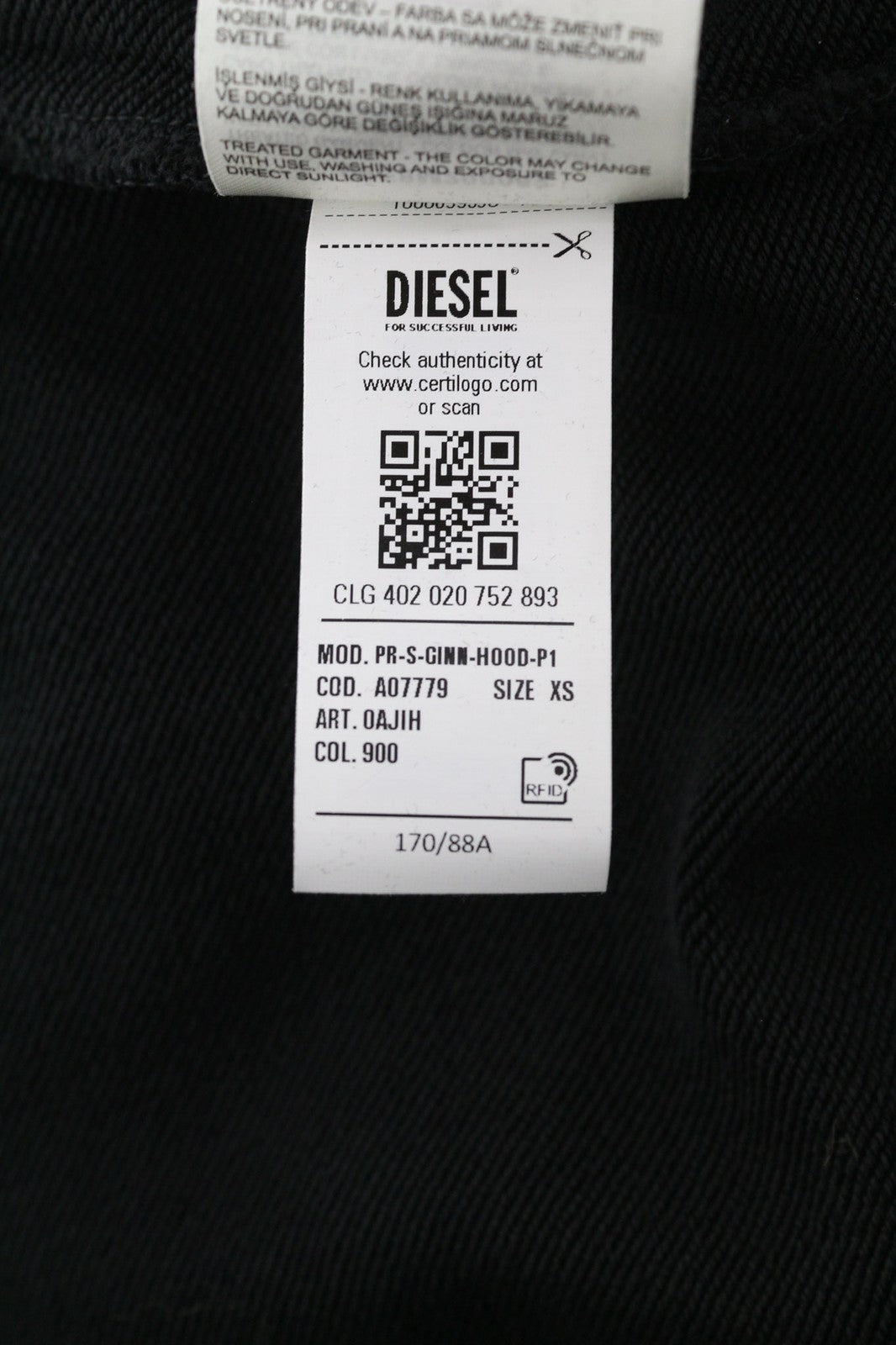 DIESEL PR-Ginn-Hood-P1 Men Hoodie XS Black Pullover Kangaroo Long Sleeve RRP195