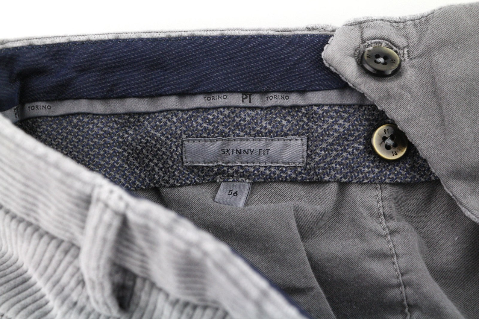 PT TORINO Men's Trousers 56 W39 Grey Skinny Cotton Stretch Corduroy Pleated Fit