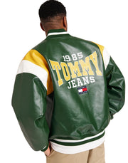 TOMMY HILFIGER RLX Faux Leather Men Jacket L Green Snap Buttons Bomber RRP259