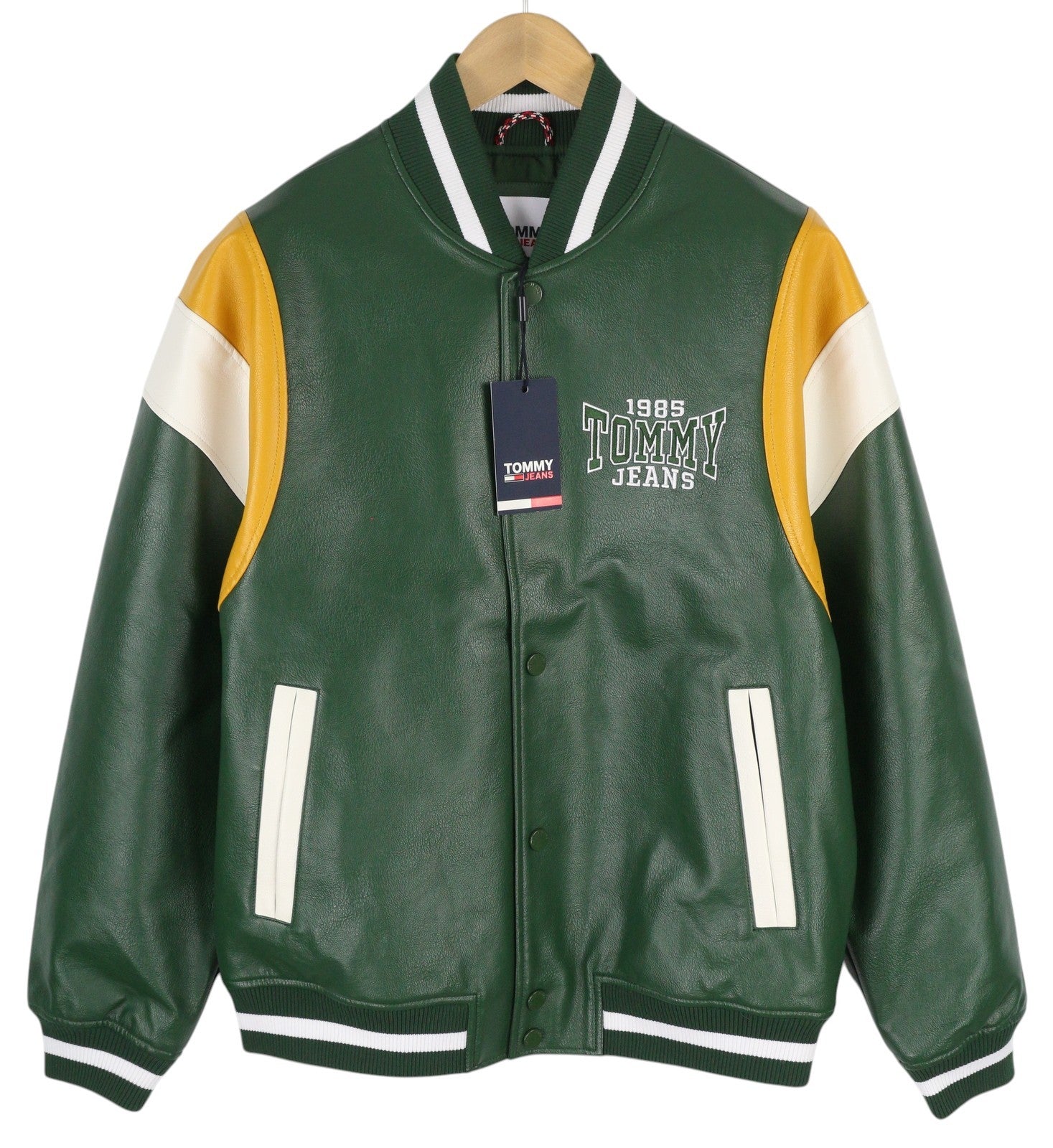 TOMMY HILFIGER RLX Faux Leather Men Jacket L Green Snap Buttons Bomber RRP259