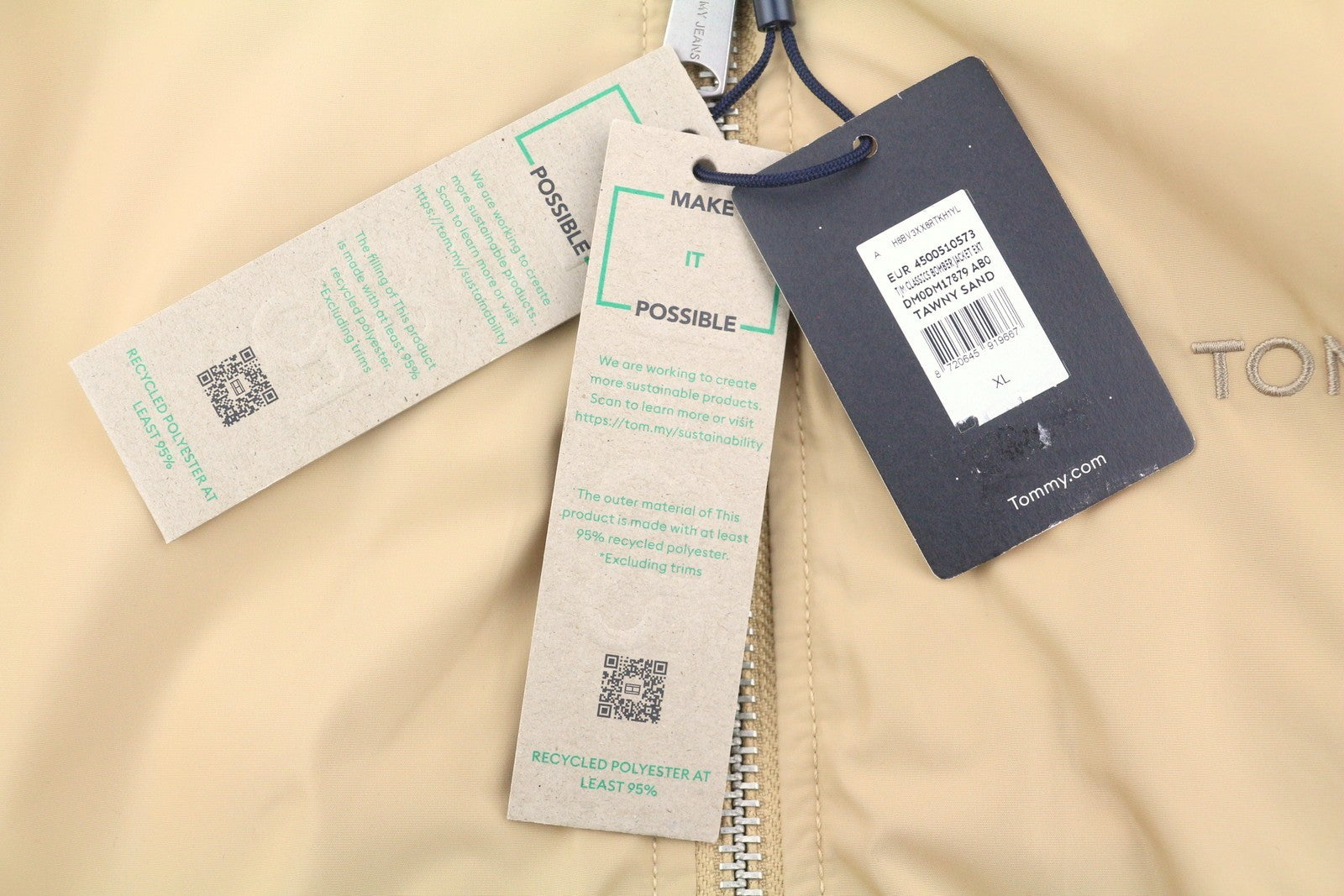 TOMMY HILFIGER Classics Bomber Men Jacket XL Beige Padded Zipper Bomber RR209