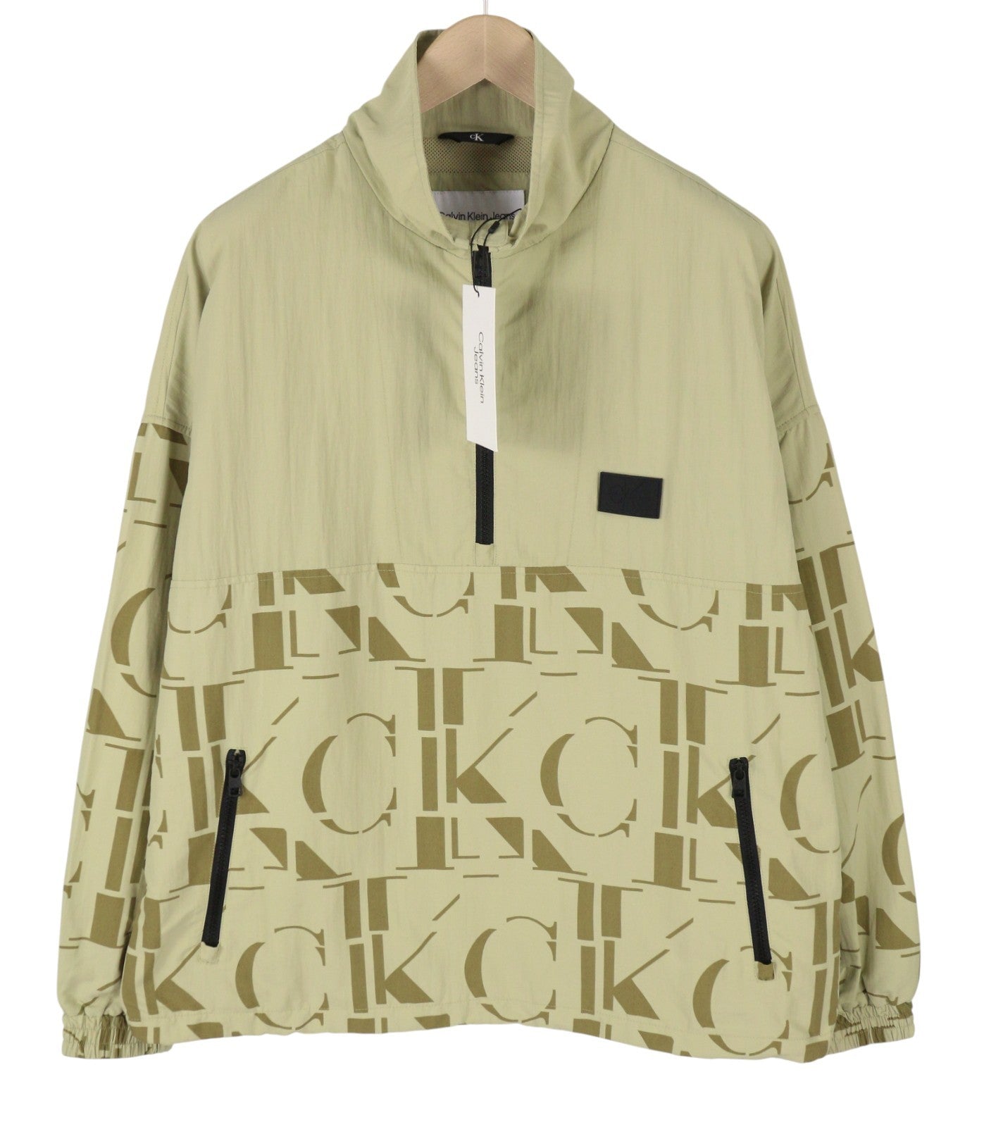 CALVIN KLEIN Mix Media Popover Men Jacket M Green Half Zip Neck Logo Anorak