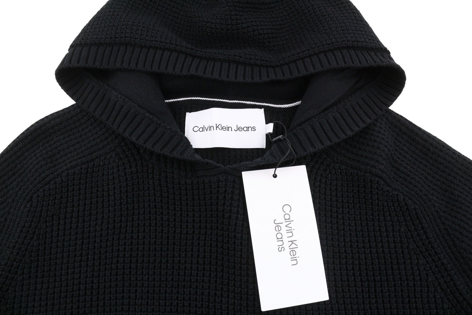CALVIN KLEIN Men Jumper S Black Cotton Knit Hooded Stretch Logo Pullover