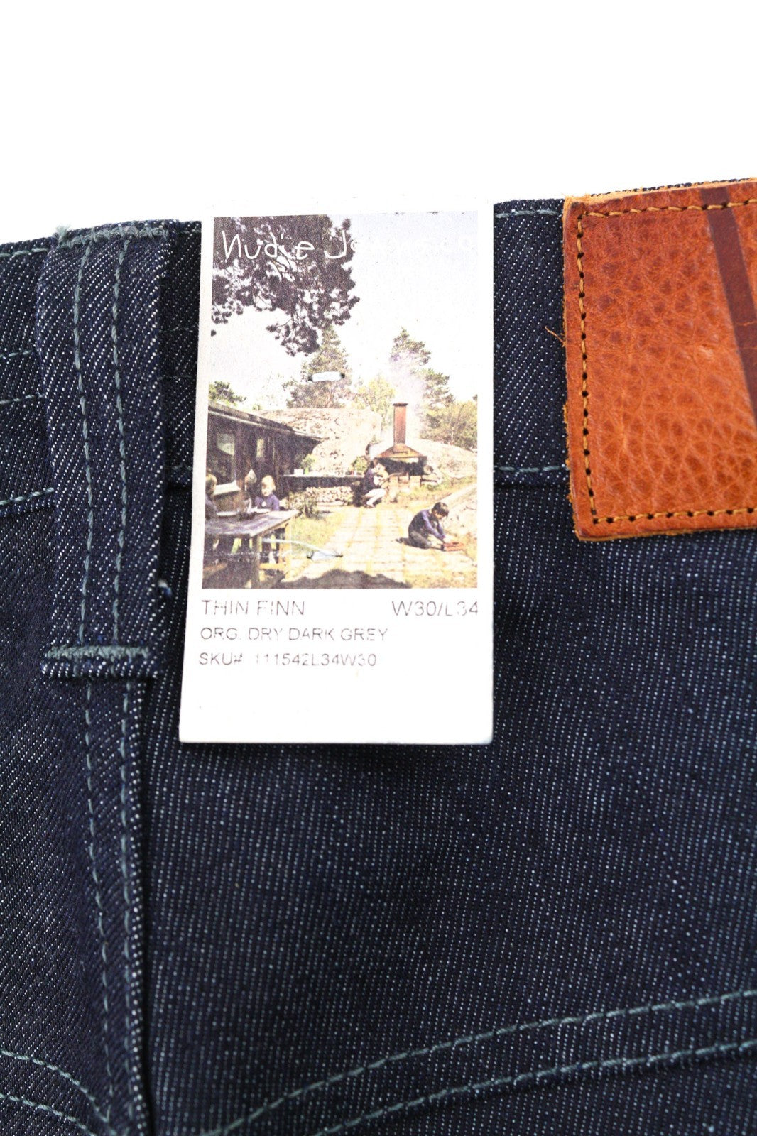 NUDIE JEANS Thin Finn Men's Jeans W30/L34 Organic Dark Dry Denim Zip Blue Logo