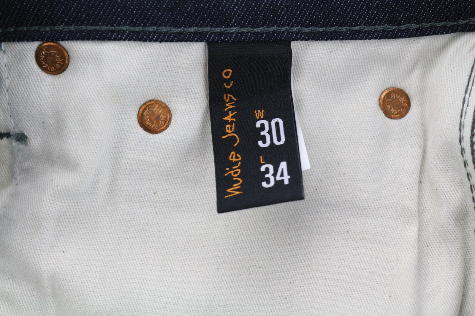 NUDIE JEANS Thin Finn Men's Jeans W30/L34 Organic Dark Dry Denim Zip Blue Logo