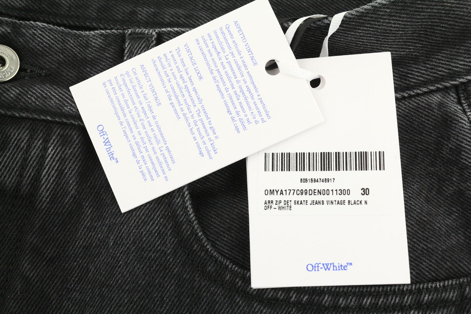 OFF-WHITE Men's Jeans W30 Vintage Black Skate Fit Zip Detail Button Fly RRP550