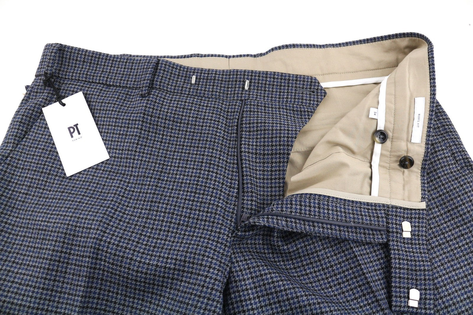 PT TORINO Men's Trousers 54 W39 Blue Grey Rebel Fit Wool Patterned Pleated