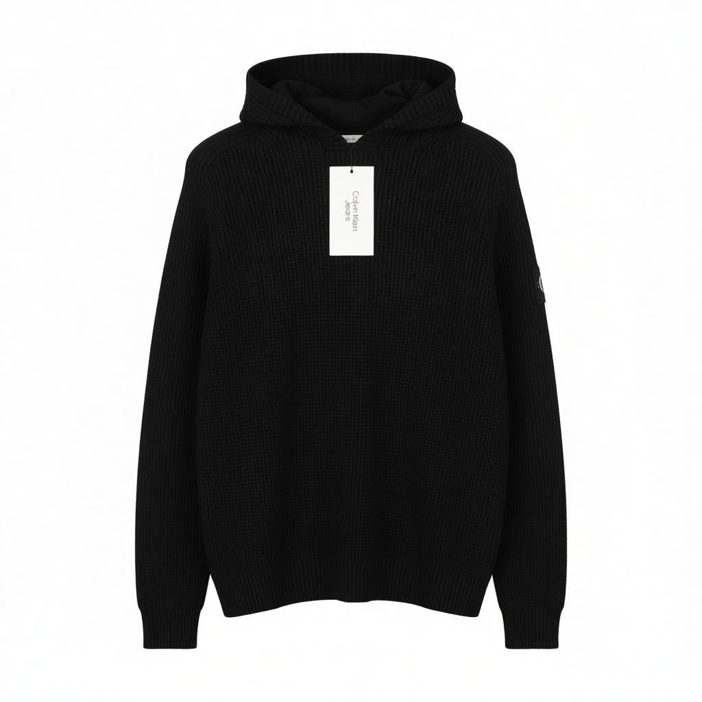 CALVIN KLEIN Men Jumper M Black Cotton Knit Hooded Stretch Logo Pullover