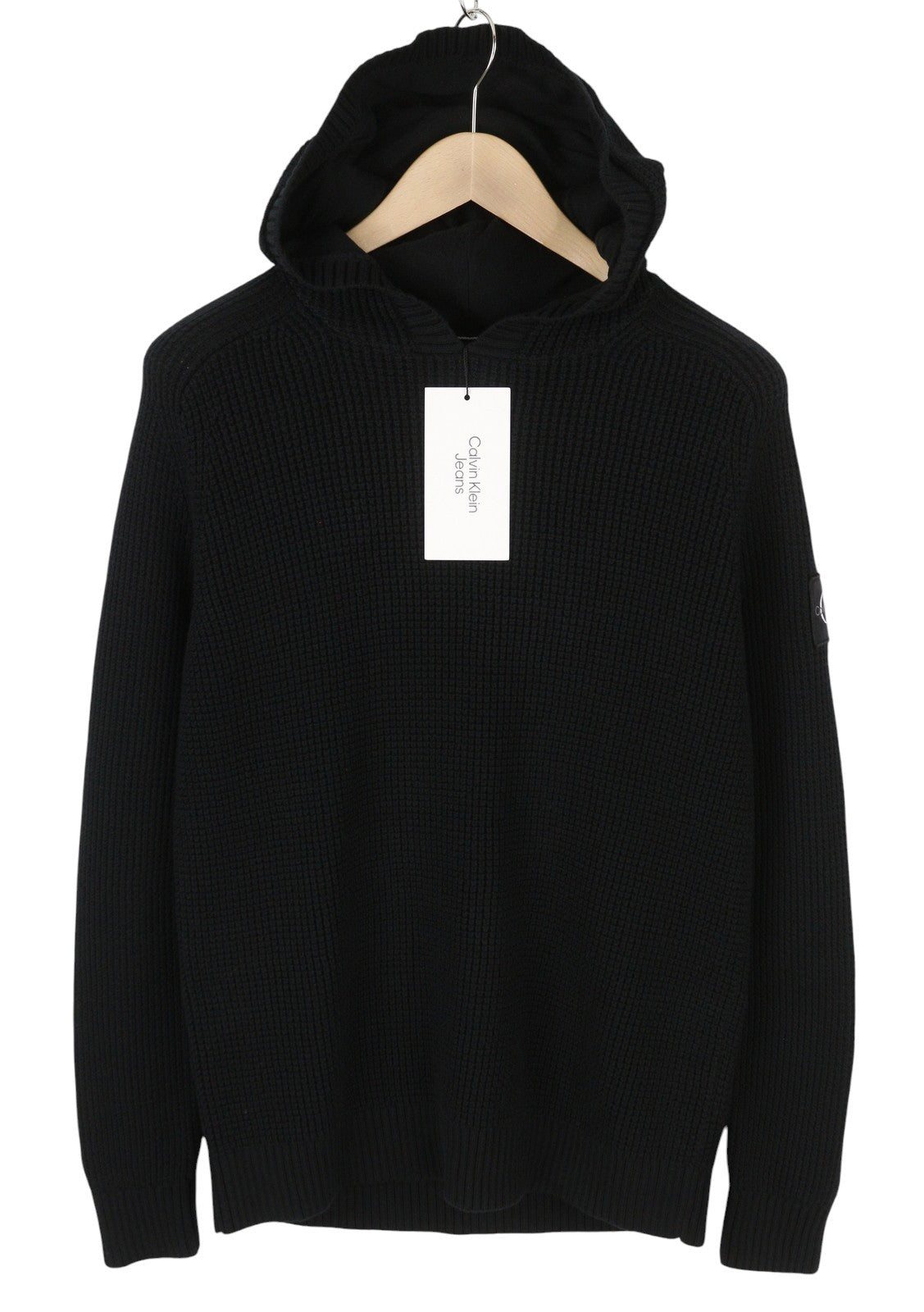 CALVIN KLEIN Men Jumper M Black Cotton Knit Hooded Stretch Logo Pullover