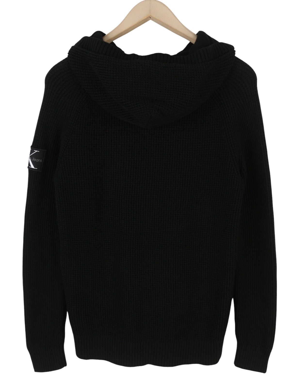 CALVIN KLEIN Men Jumper M Black Cotton Knit Hooded Stretch Logo Pullover