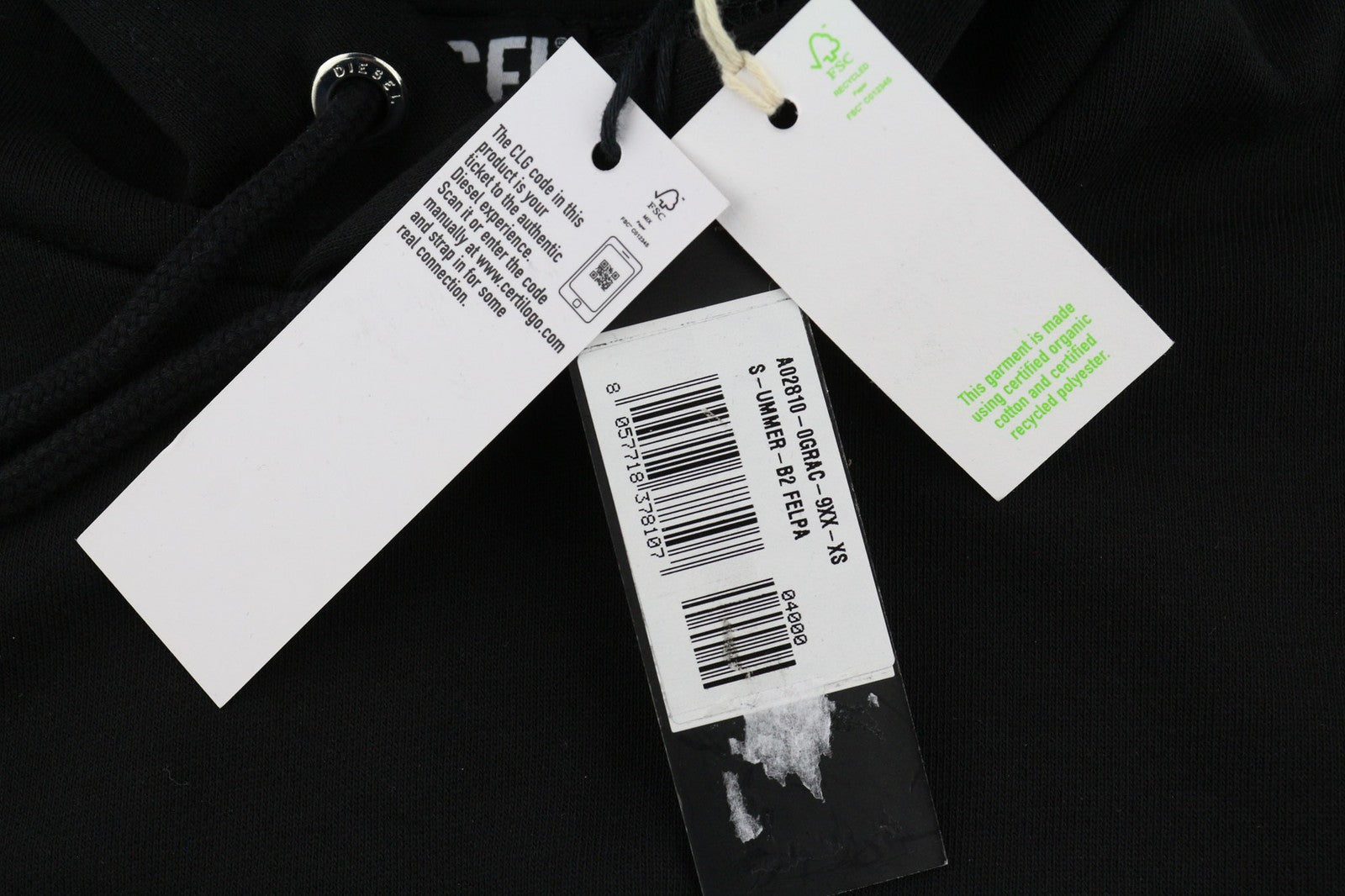 DIESEL S-Ummer-B2 Men's Hoodie XS Black Logo Pullover Kangaroo Pocket RRP150