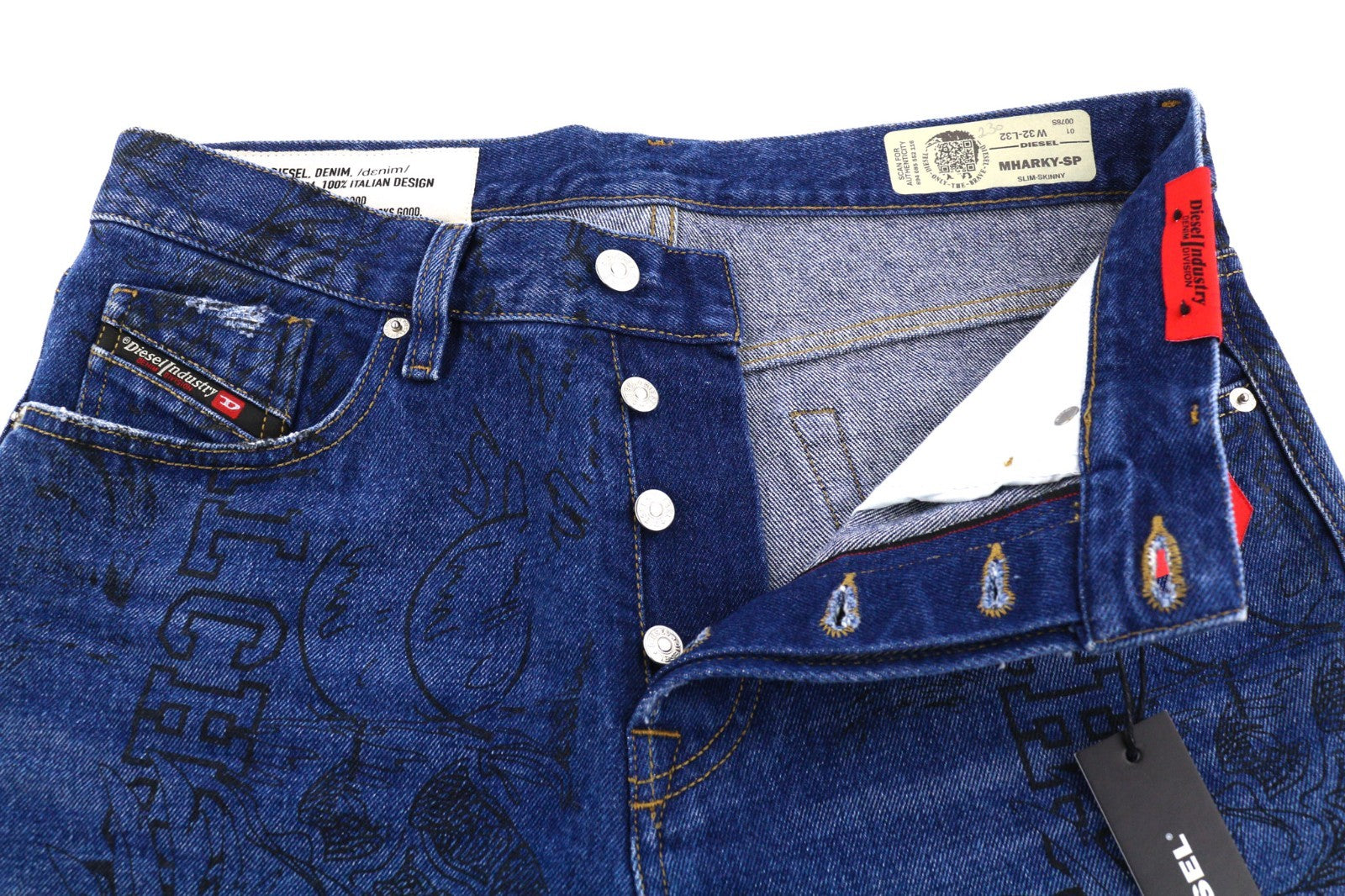 DIESEL Mharky-SP 0078S Men's Jeans W32/L32 Blue Skinny Pure Cotton Printed