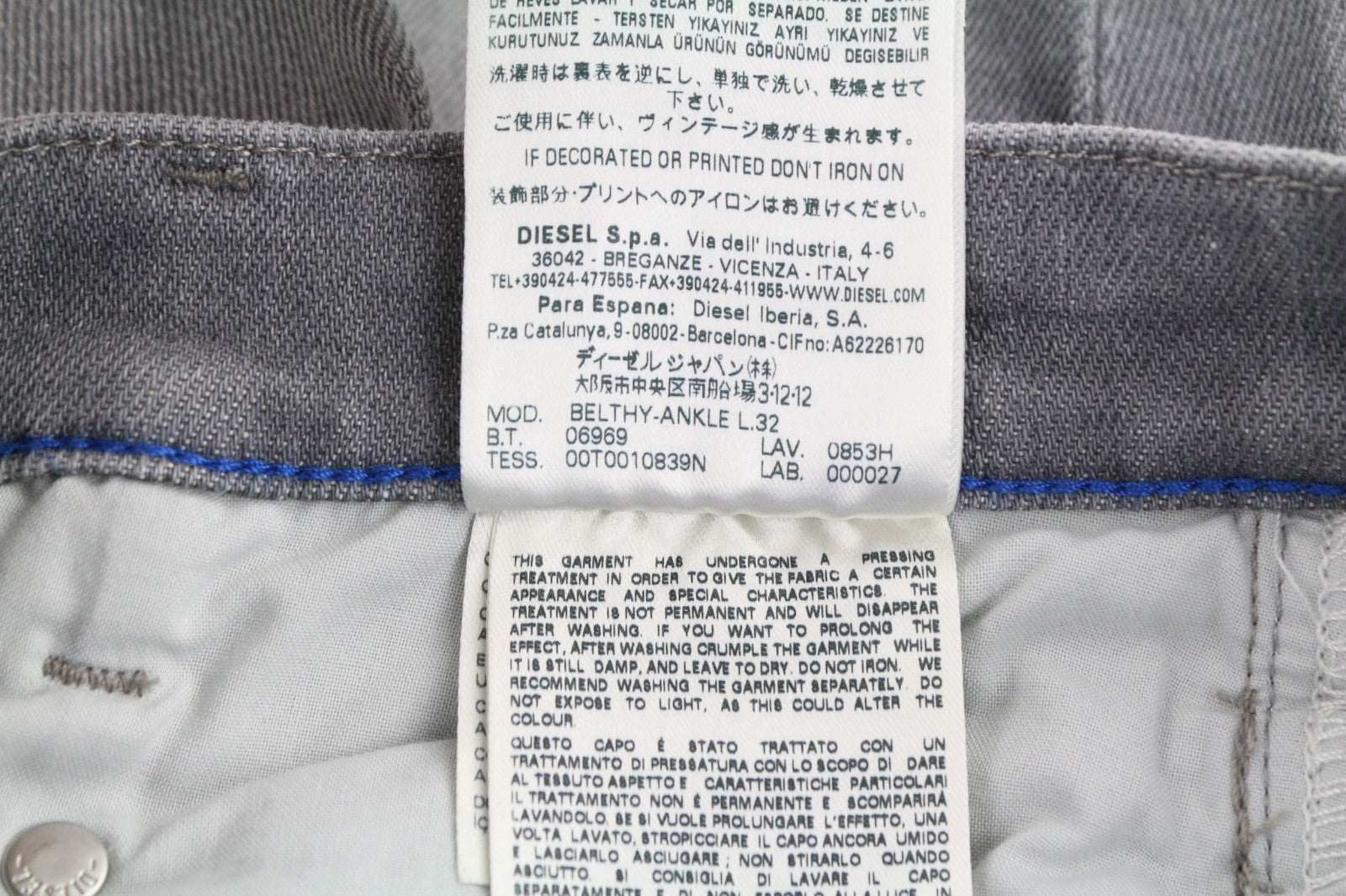 DIESEL Belthy-Ankle 0853H Women's Jeans W24/L32 Grey Slim Straight Distressed