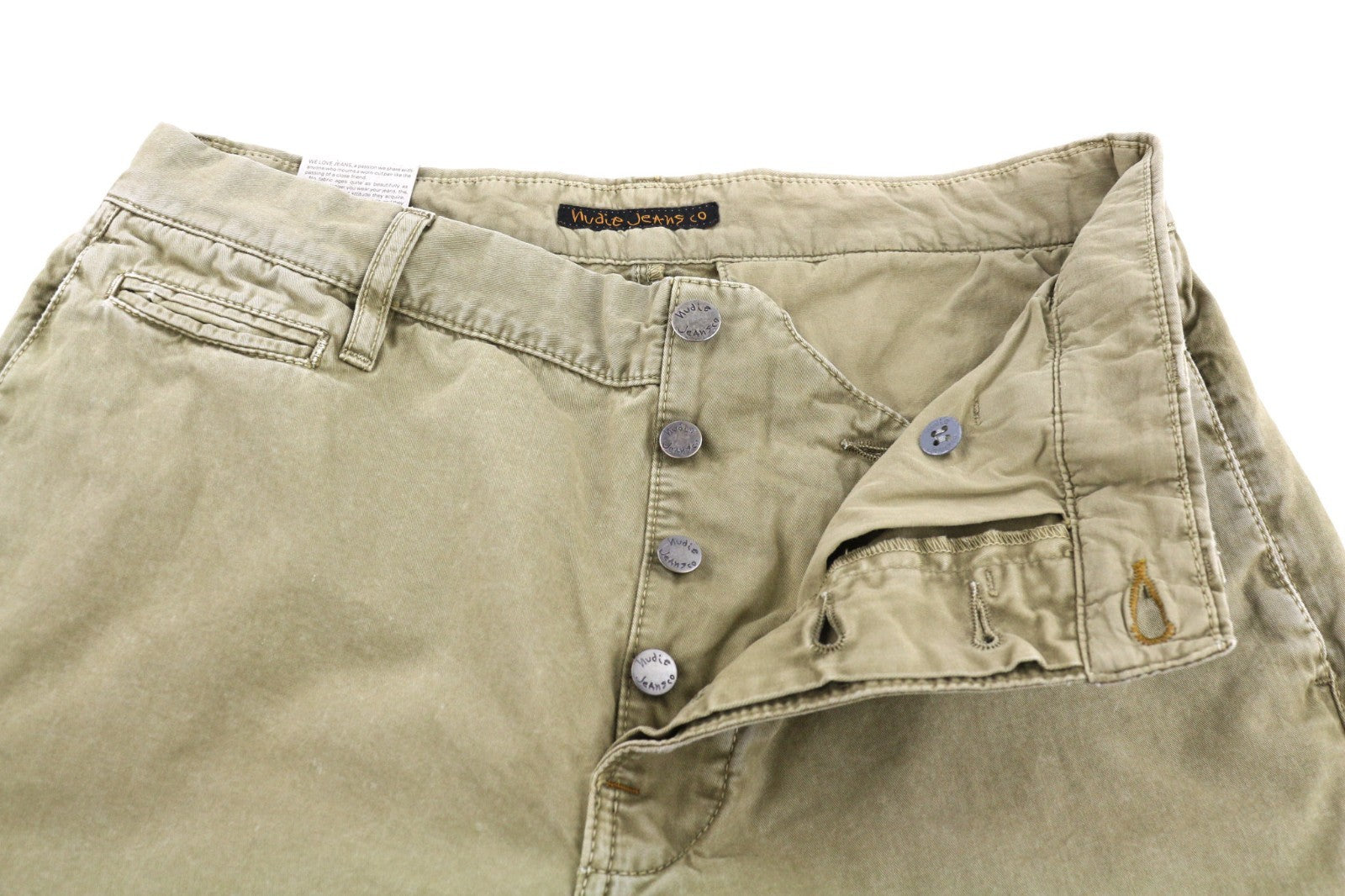 NUDIE JEANS Khaki Regular Men's W30/L32 Mid Beige Chino Buttoned Logo Pockets
