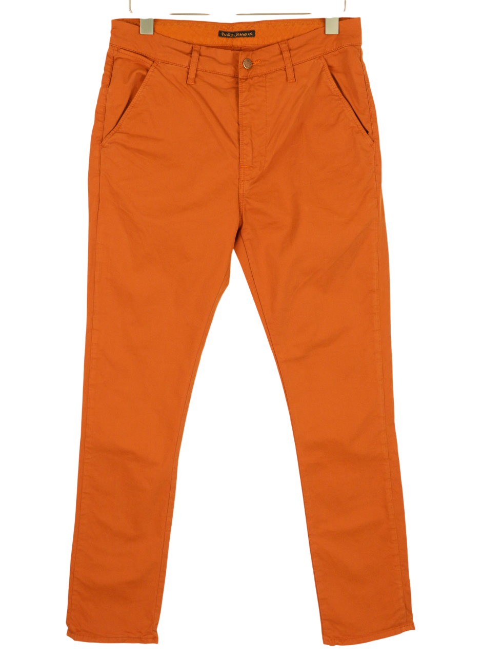 NUDIE JEANS Khaki Slim Men's W31/L32 Organic Warm Orange Chino Zip Fly Logo