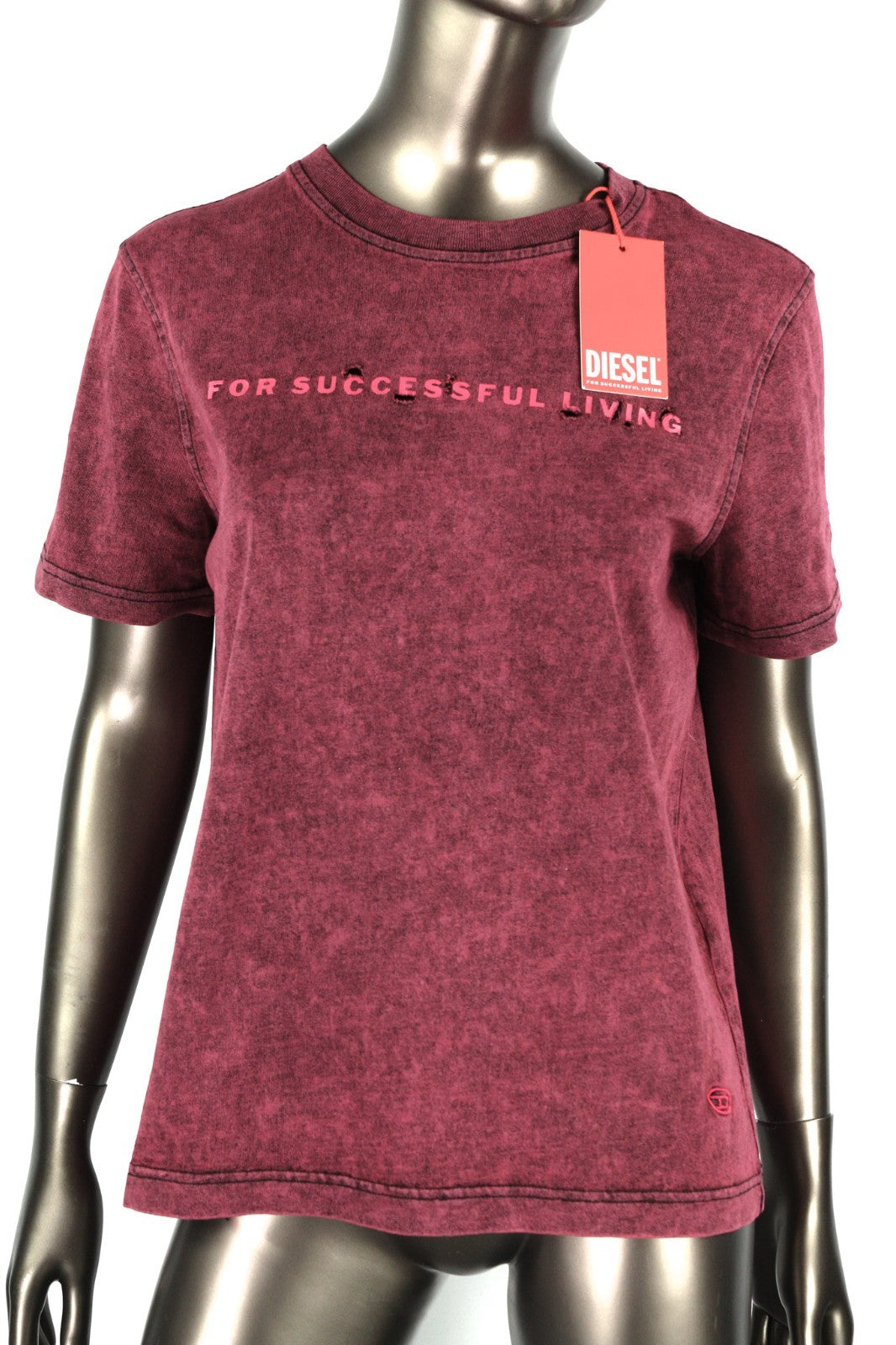 DIESEL T-Reg-E4 Women's T-Shirt M Burgundy Crew Short Sleeve Faded RRP125