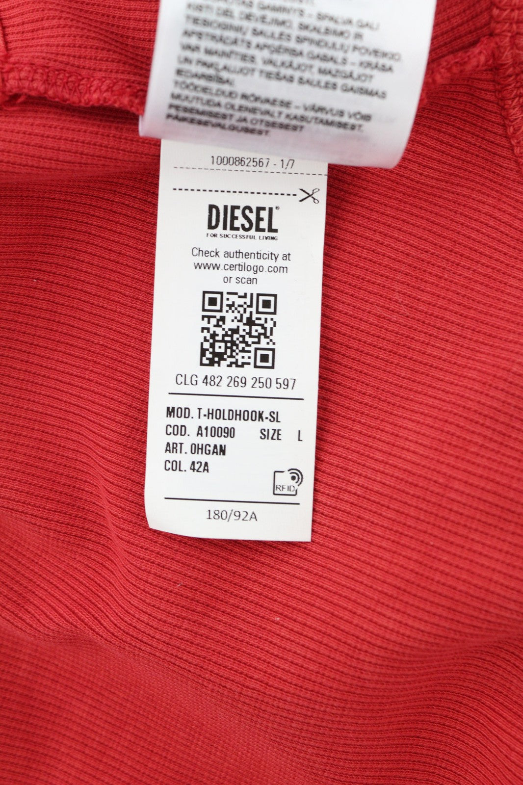 DIESEL T-Holdhook-SL Women's T-Shirt L Red Sleeveless Crew Hook Eye Closure