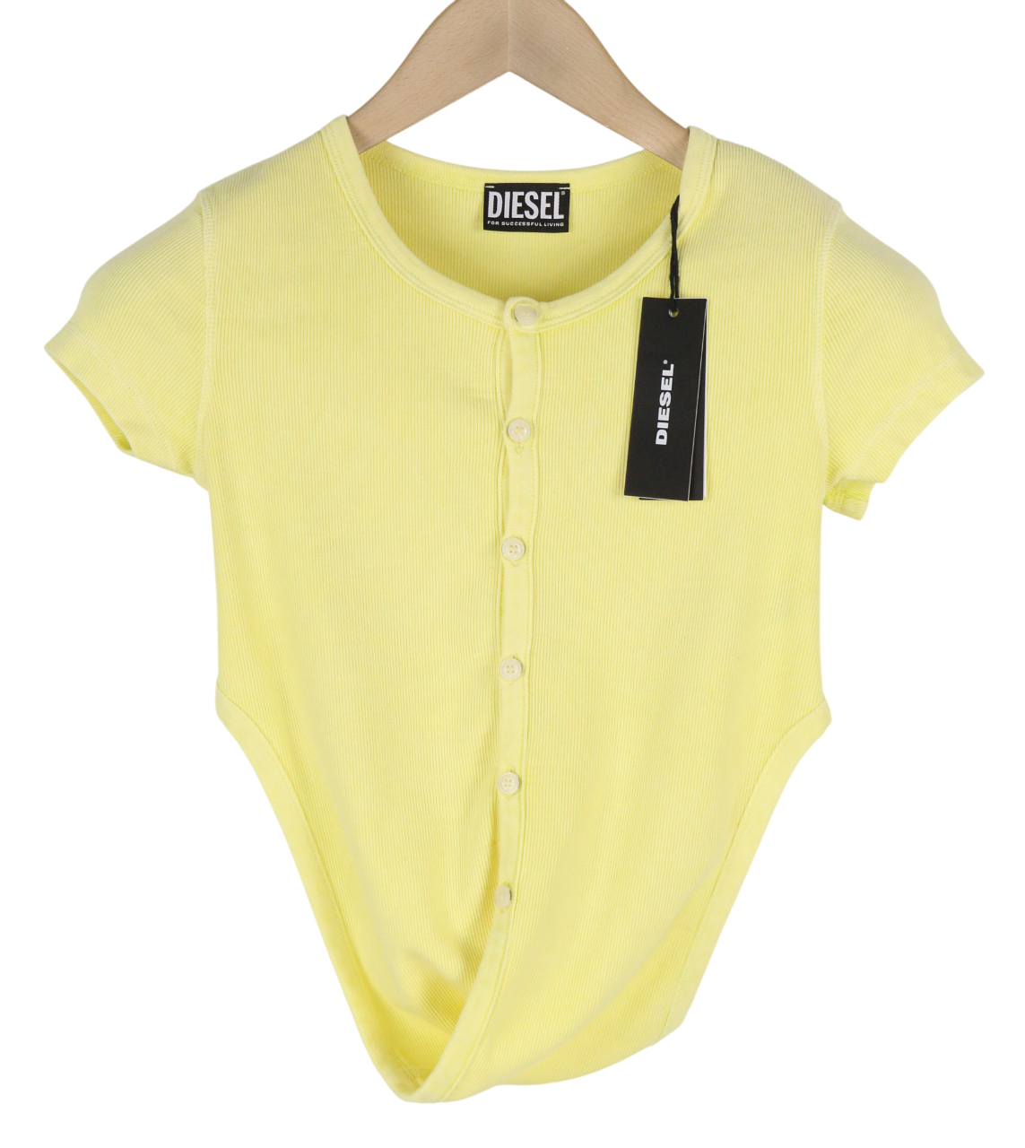 DIESEL T-Holdy Women's T-Shirt S Yellow Crew Short Sleeve Button Logo RRP300