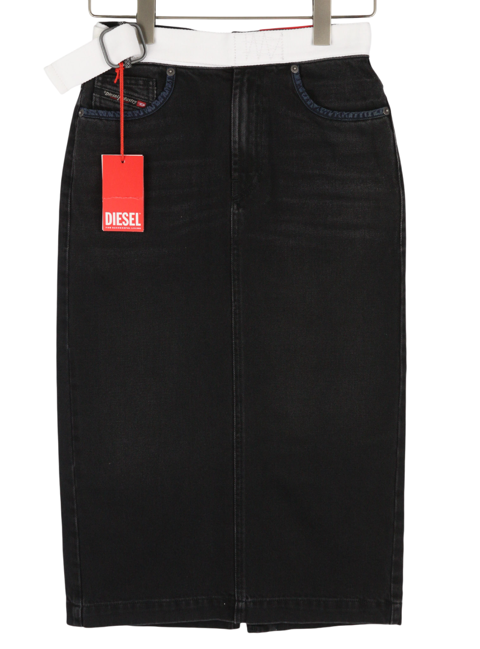 DIESEL De-Ronny-Sp Women's Skirt W26 Black Denim Washed Midi Belted Back Split