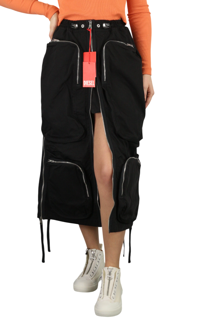 DIESEL O-Mirta-NL Women Skirt W26 Black Midi Elastic Waist Patch Pocket RRP275