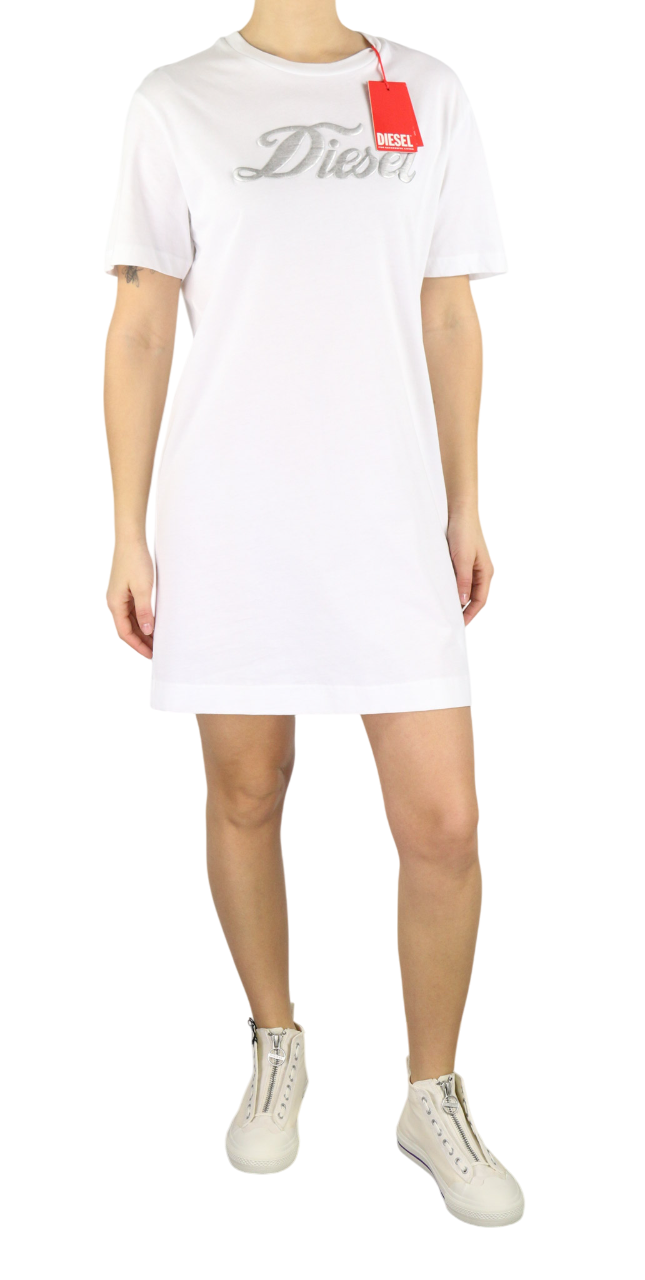 DIESEL D-Egor-New Women's Dress S White Crew Short Sleeve Mini Silver RRP110