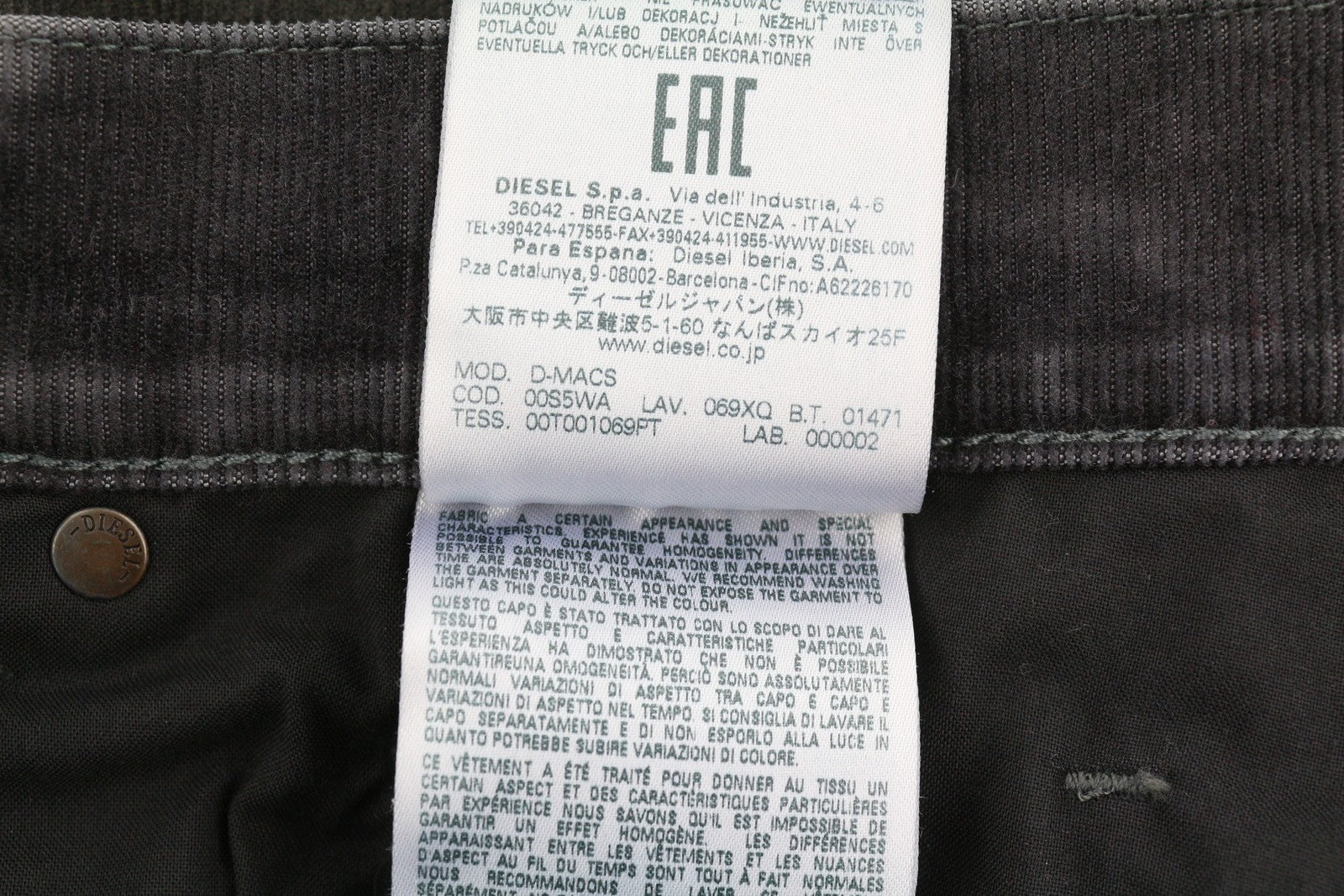 DIESEL D-Macs 069XQ Men Trousers W30/L30 Grey Faded Stretch Straight Corduroy