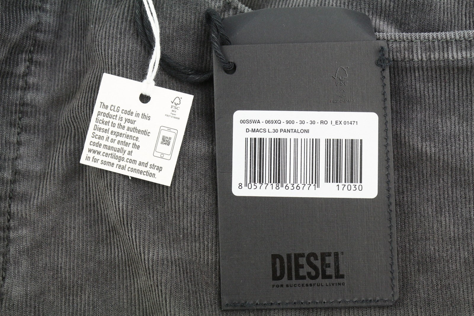 DIESEL D-Macs 069XQ Men Trousers W30/L30 Grey Faded Stretch Straight Corduroy