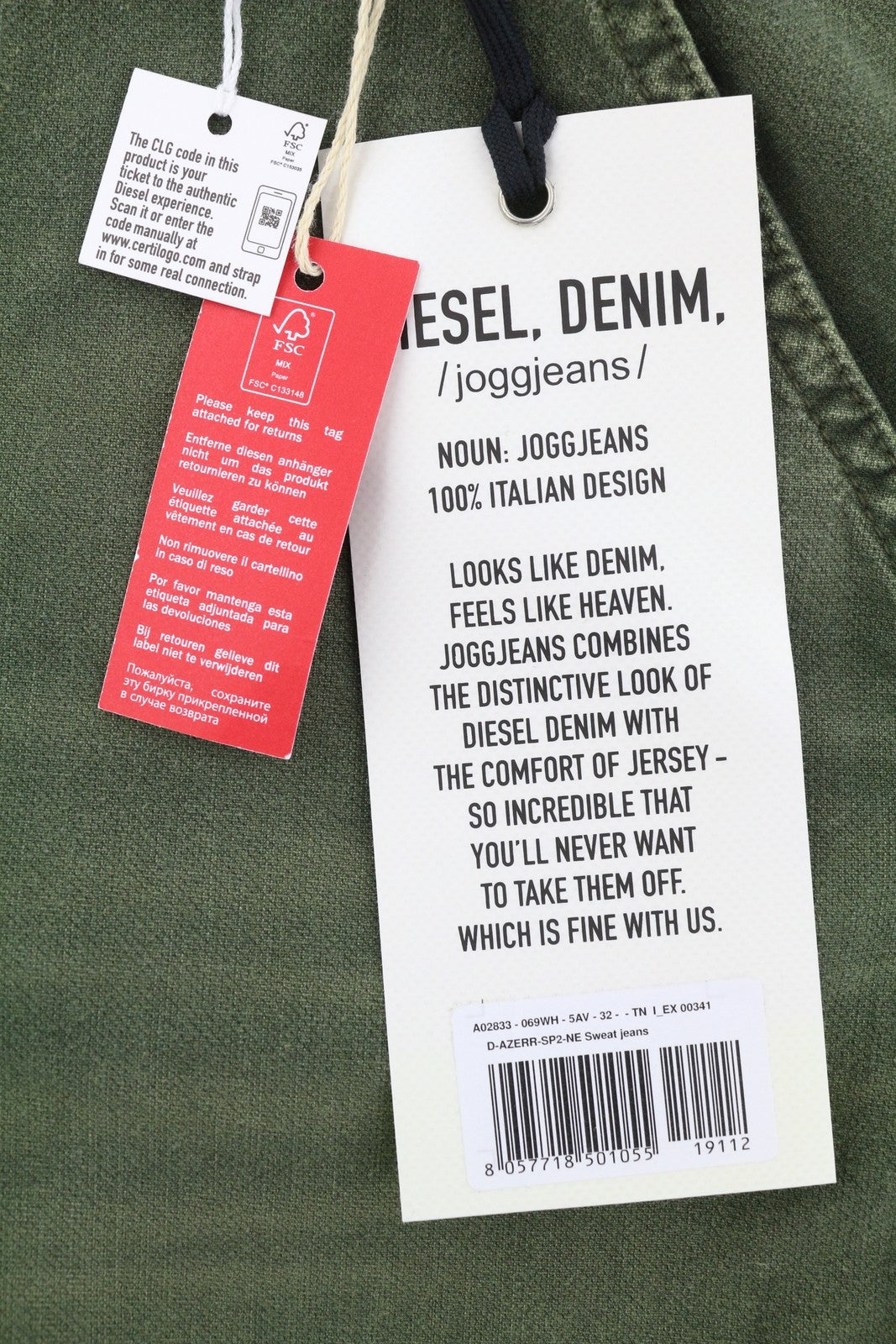 DIESEL D-Azerr Jogg 069WH Men Jeans W32 Green Faded Stretch Straight Zip Fly