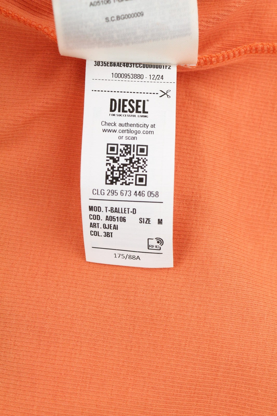 DIESEL T-Ballet-D Women's T-Shirt M Orange Soft Stretch Long Sleeve Crew Logo