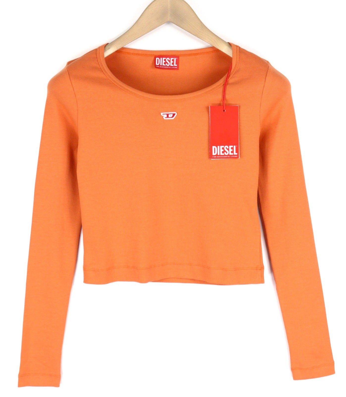 DIESEL T-Ballet-D Women's T-Shirt M Orange Soft Stretch Long Sleeve Crew Logo