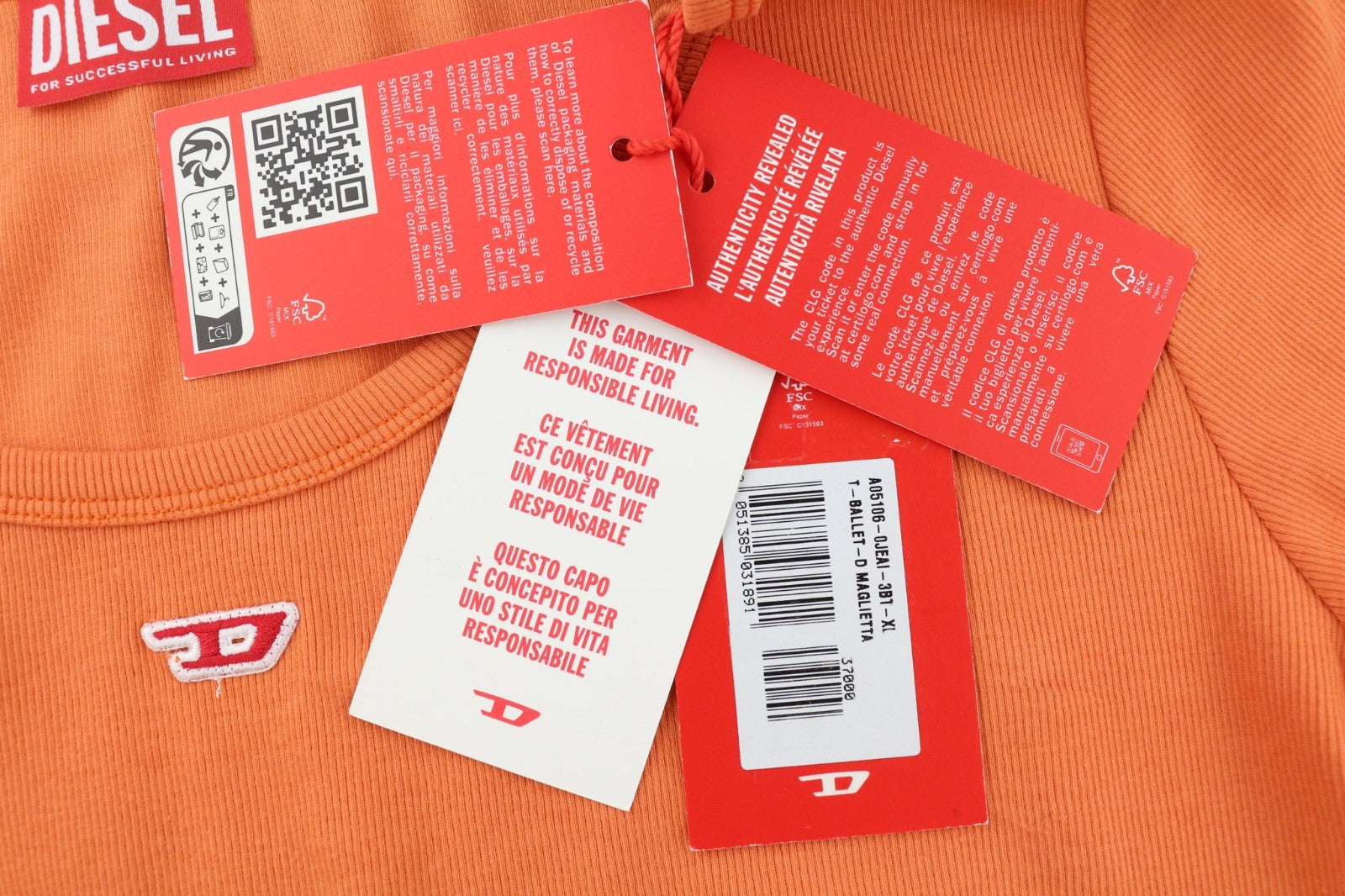 DIESEL T-Ballet-D Women's T-Shirt XL Orange Long Sleeve Crew Stretch Logo Top