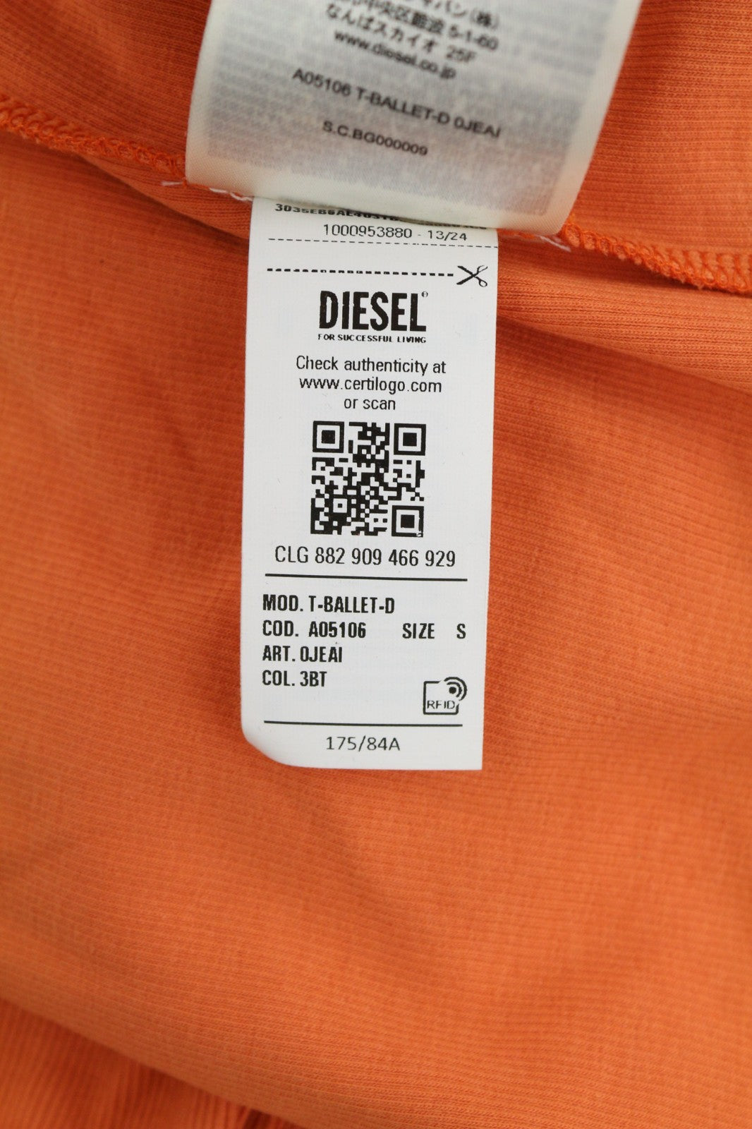 DIESEL T-Ballet-D Women's T-Shirt S Orange Long Sleeve Round Crew Fit Logo