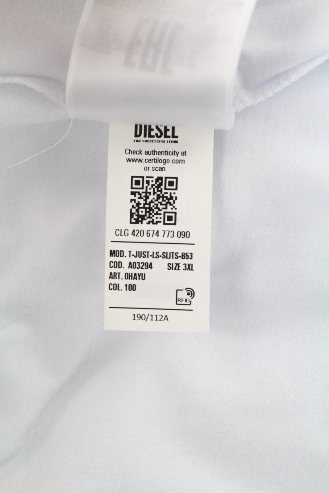 DIESEL T-Just-LS Men's Sweatshirt 3XL White Logo Crew Neck Pullover Long Sleeve