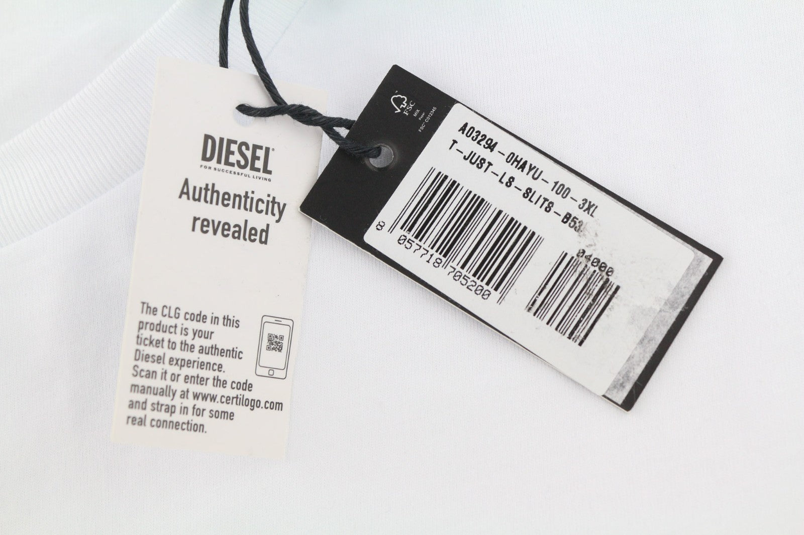 DIESEL T-Just-LS Men's Sweatshirt 3XL White Logo Crew Neck Pullover Long Sleeve