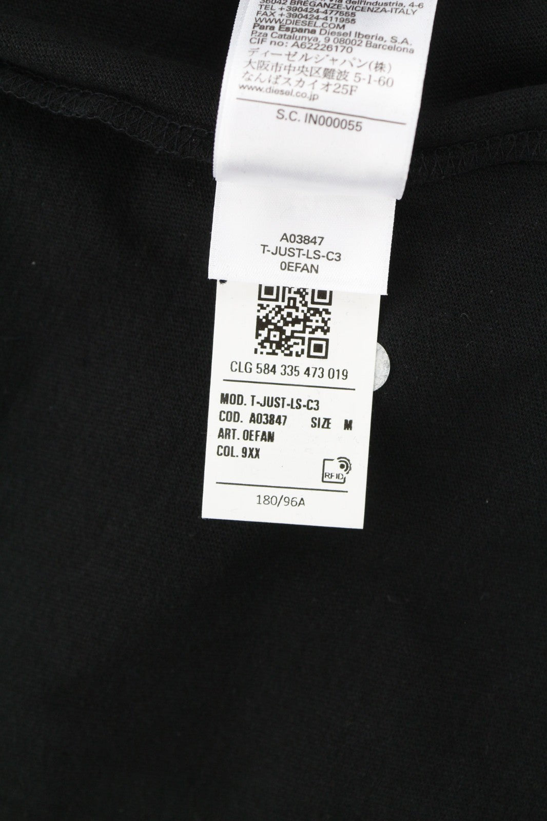 DIESEL T-Just-LS-C3 Men's Sweatshirt M Black Crew Pullover Logo Long Sleeve