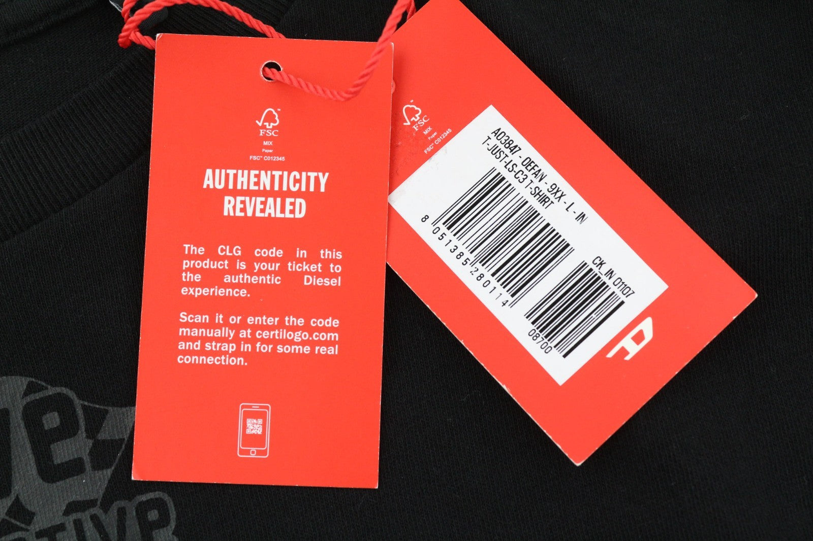 DIESEL T-Just-LS-C3 Men's Sweatshirt L Black Logo Crew Pullover Long Sleeve