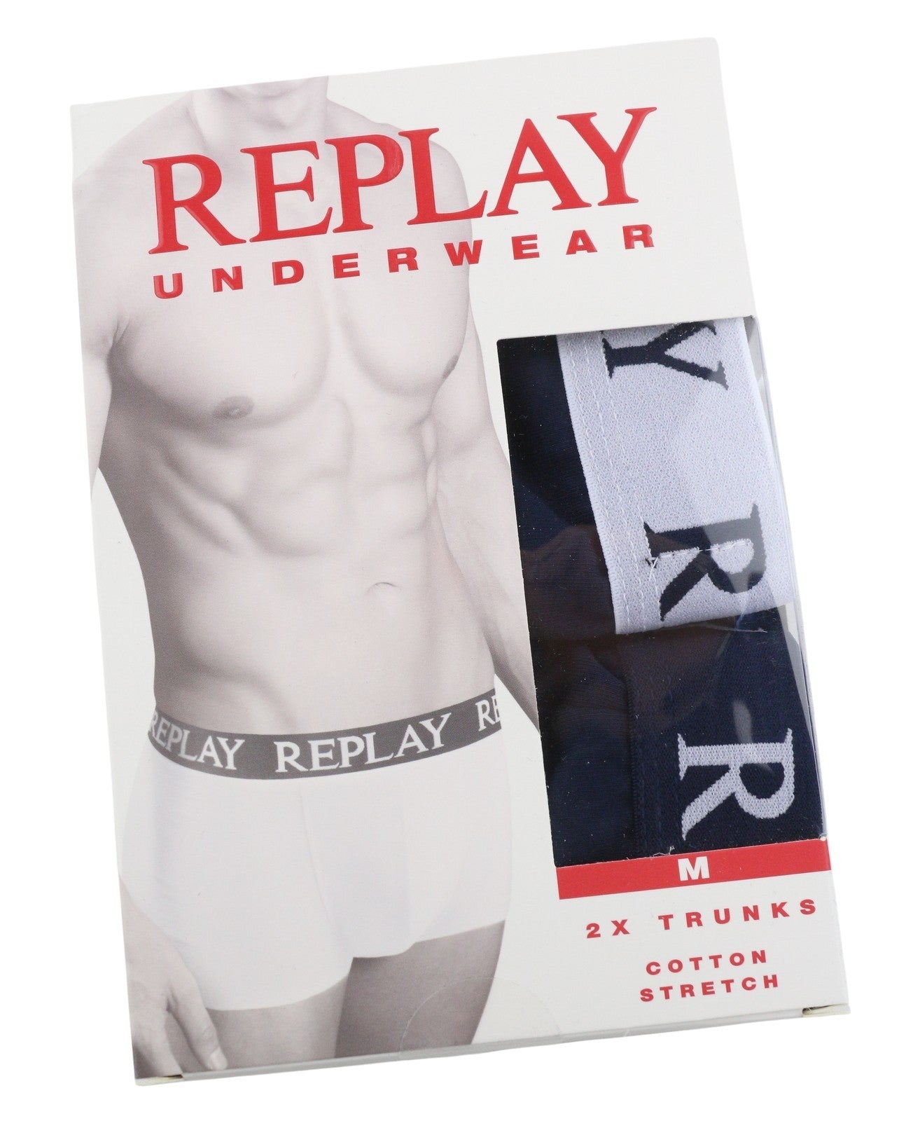 REPLAY Men Underwear M Blue Elastic Waist Logo Cotton Stretchy Trunks 2 Pack