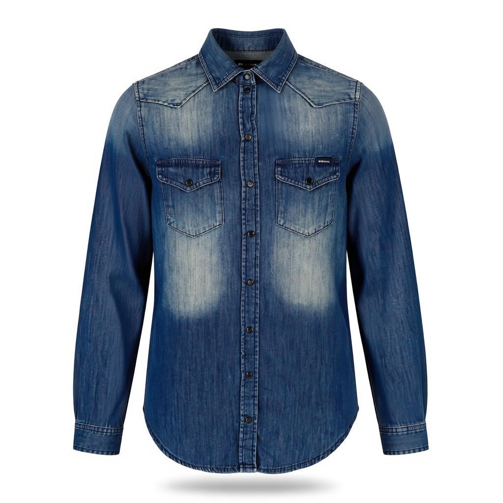 DIESEL De-Pratt Women's Shirt 2XS Denim Western Wash Snap Buttons Spread Neck