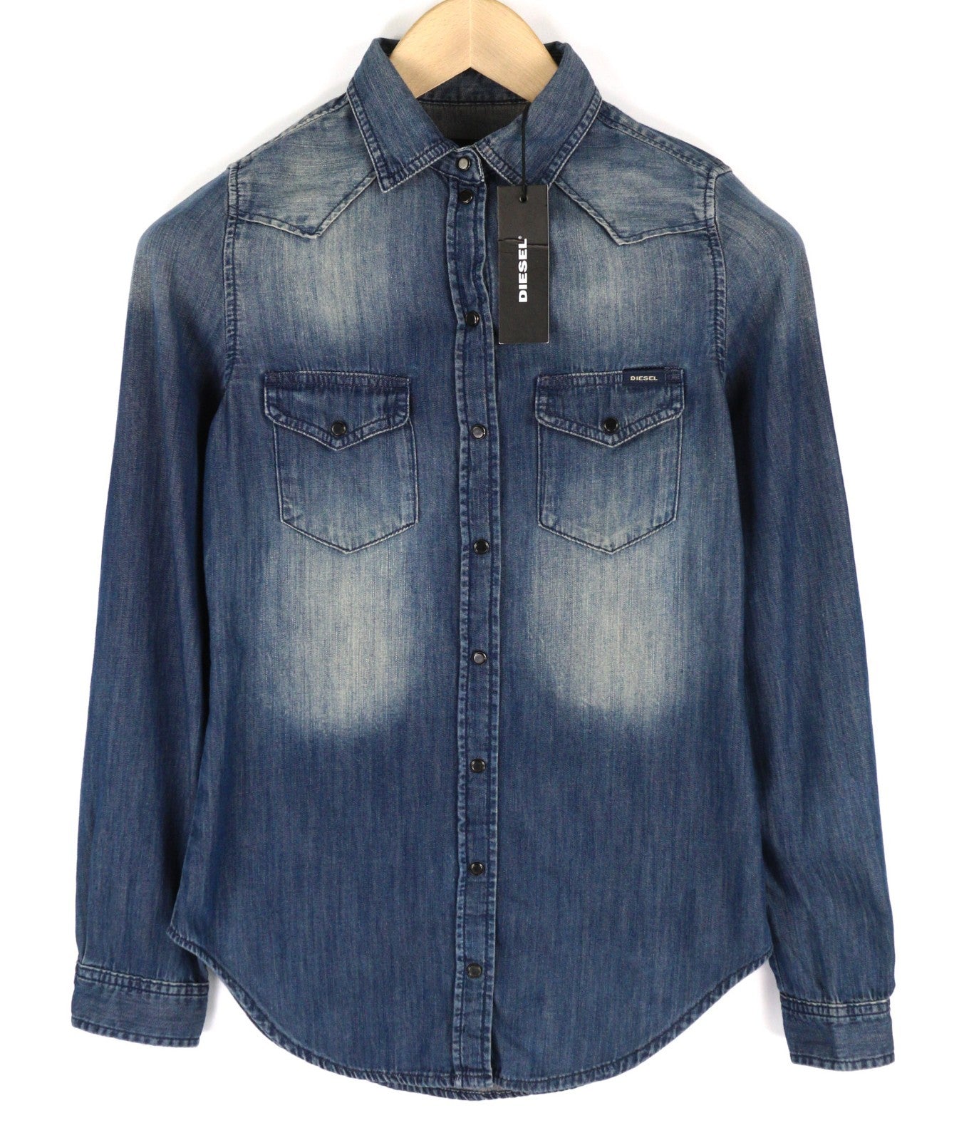DIESEL De-Pratt Women's Shirt 2XS Denim Western Wash Snap Buttons Spread Neck