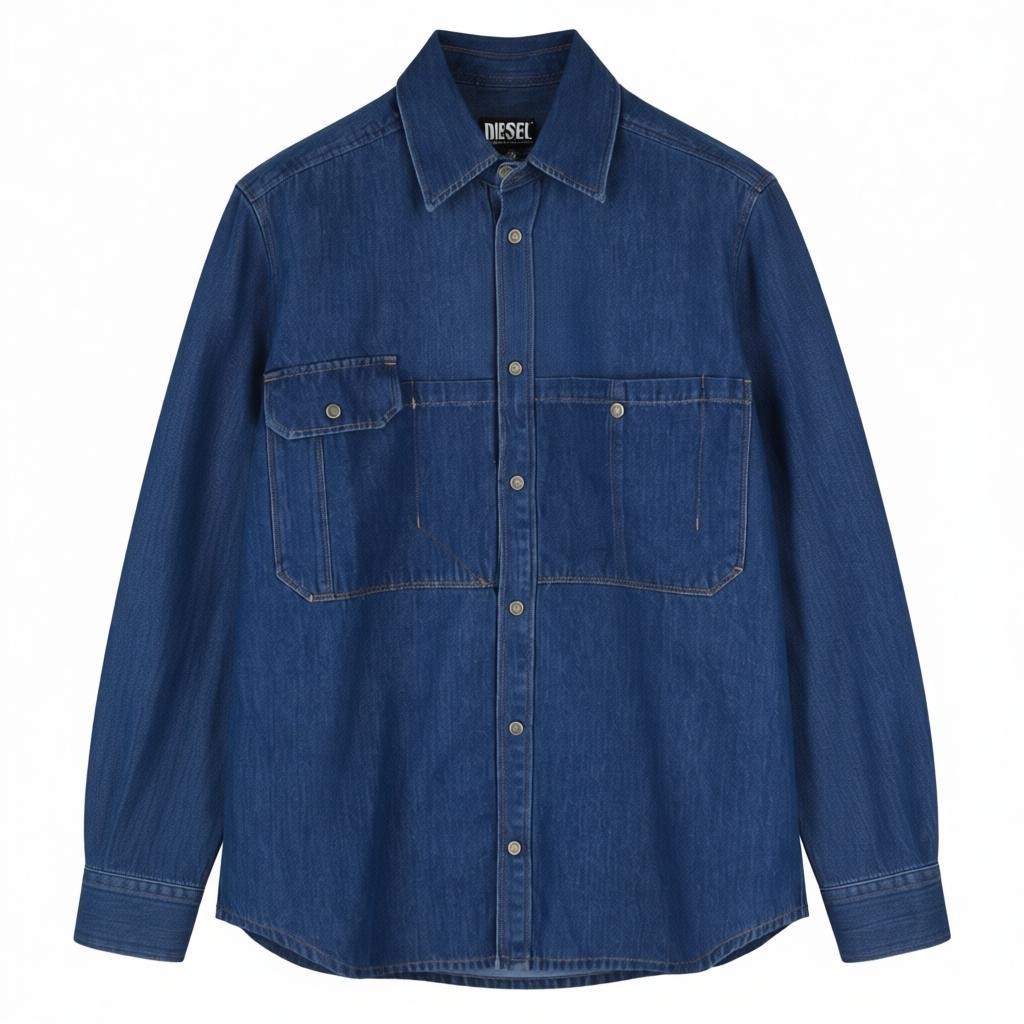 DIESEL D-Milly-SP Men's Shirt L Denim Blue Patch Pockets Snap Spread Collar