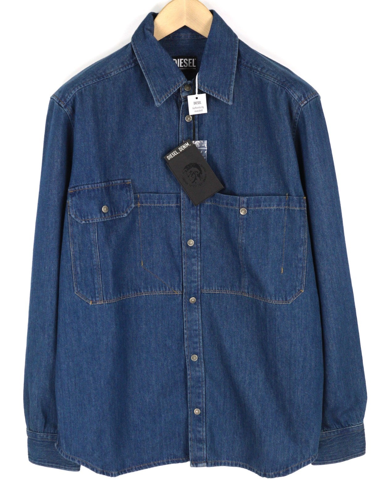 DIESEL D-Milly-SP Men's Shirt L Denim Blue Patch Pockets Snap Spread Collar