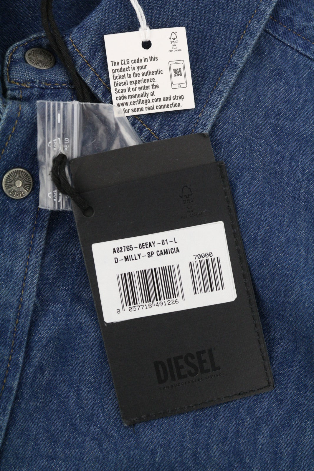 DIESEL D-Milly-SP Men's Shirt L Denim Blue Patch Pockets Snap Spread Collar